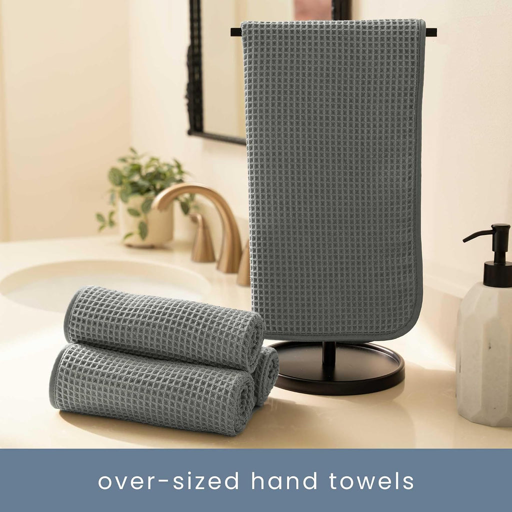 Aura Waffle Bath Towel Set, 6 Pieces, Grey | 2 Bath Towels, 2 Hand Towels, 2 Wash Cloths, Absorbent Microfiber