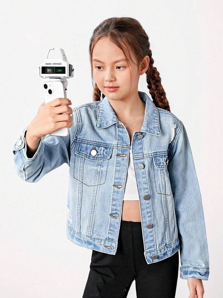 Girl's Jean Jacket Ripped Flap Button Front Collared Denim Jackets