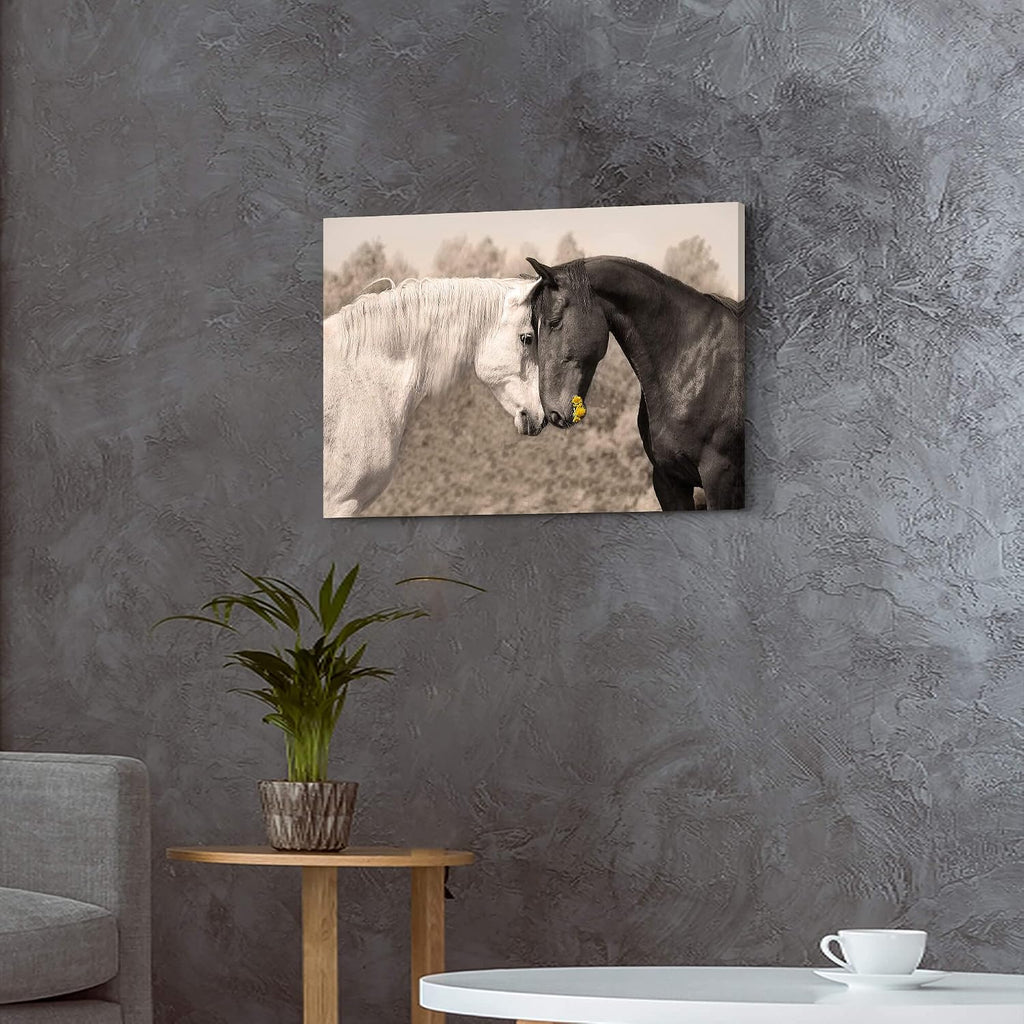 Ranch Horse Canvas Wall Art: Black and White Equines Friendly Painting Lovely Wild Animal Head Prints Country