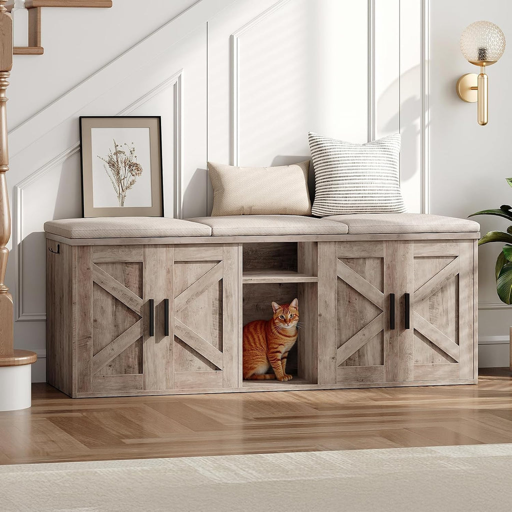 Double Litter Box Enclosure, Hidden Litter Box Enclosure with Corridor, Cat Litter Box Furniture with Storage Layer