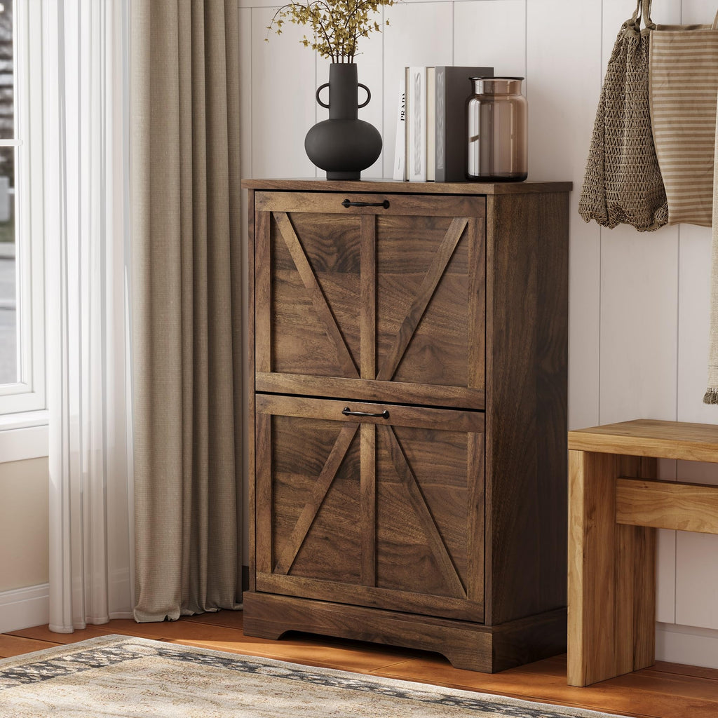 Farmhouse Shoe Storage Cabinet with 2 Flip Drawers, 23.6"(W) Freestanding Shoe Organizer with Barn Door and Metal