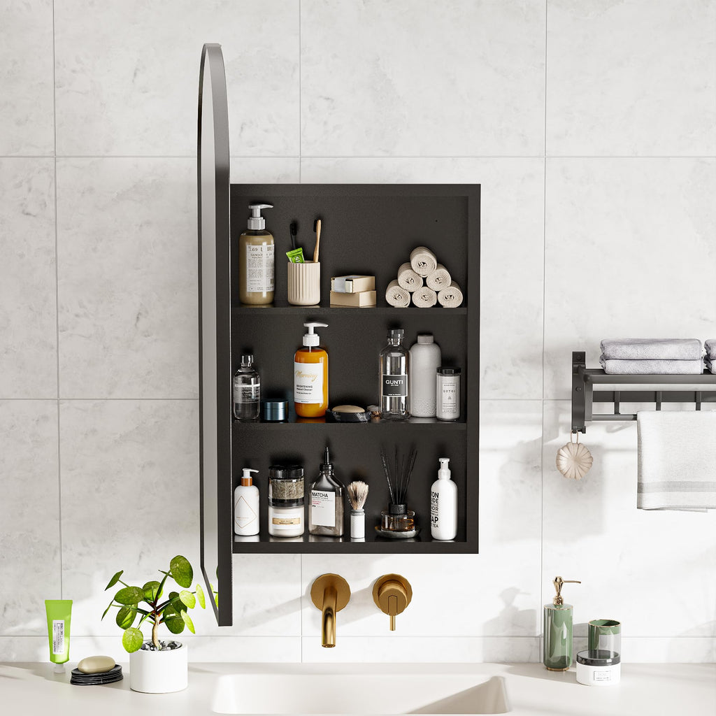 Medicine Cabinet with Mirror, Bathroom Wall Cabinet with Adjustable Shelves Arch Metal Storage Cabinet Bedroom (No