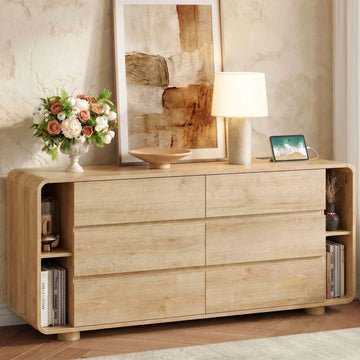 63 Inch 6 Drawer Dresser with Shelves Rounded Corner, Natural Oak