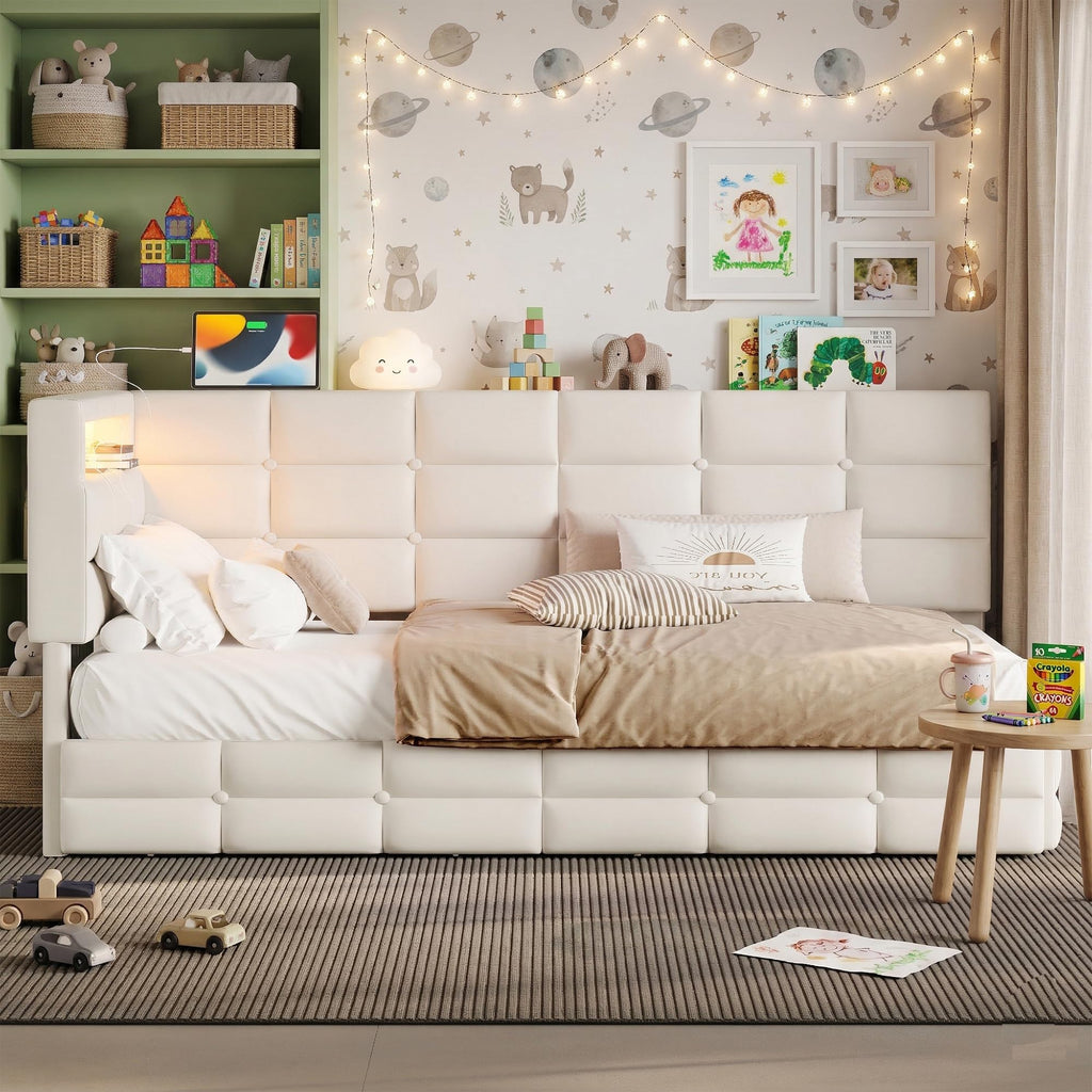 Twin Corner Bed with Storage and Led Lights, Upholstered Twin Size Daybed with Storage Drawers and Charging Station