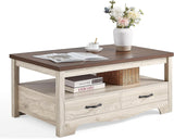 Farmhouse Coffee Table with Storage, Wood Coffee Table, Open Display Area and Storage Drawers with Metal Handles