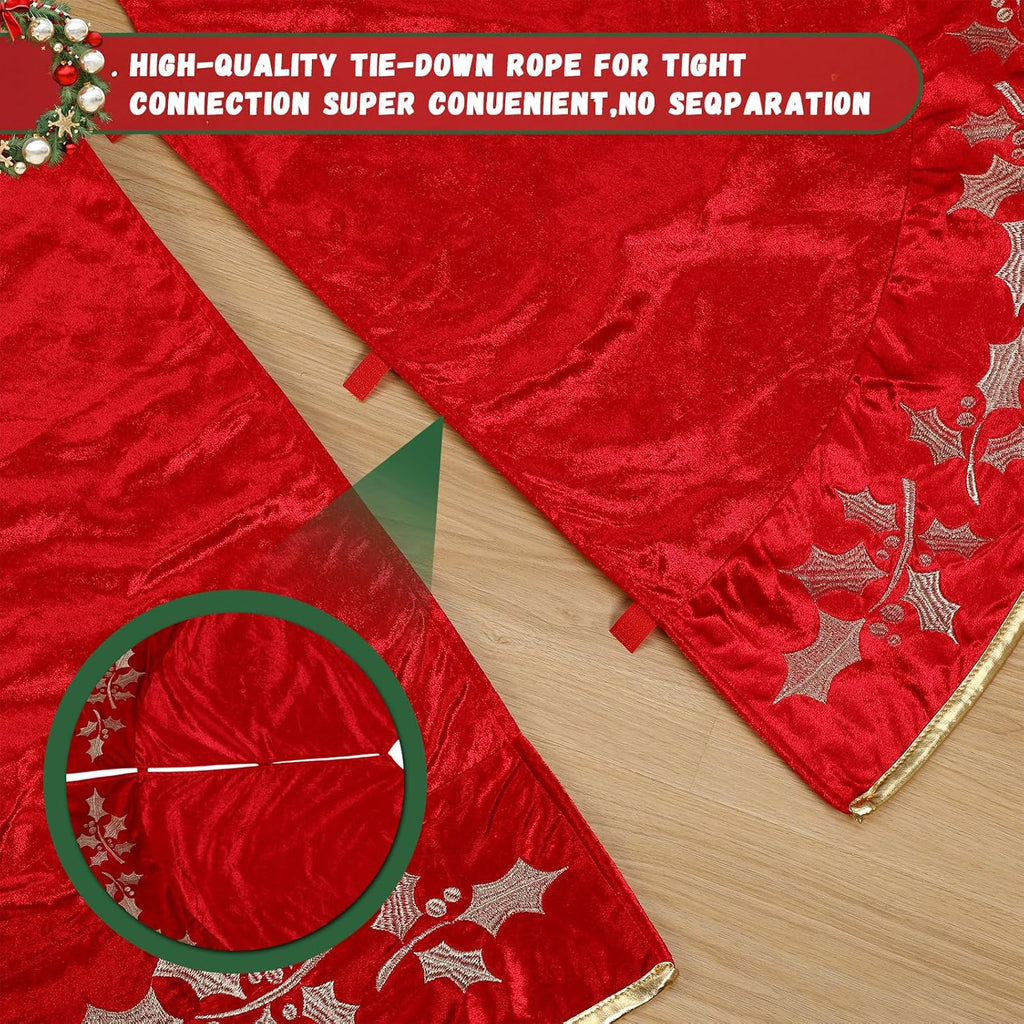 60 Inch Large Christmas Tree Skirt Classic Red Luxury Velvet Fur Skirts with Gold Embroidered Holly Leaf for Rustic