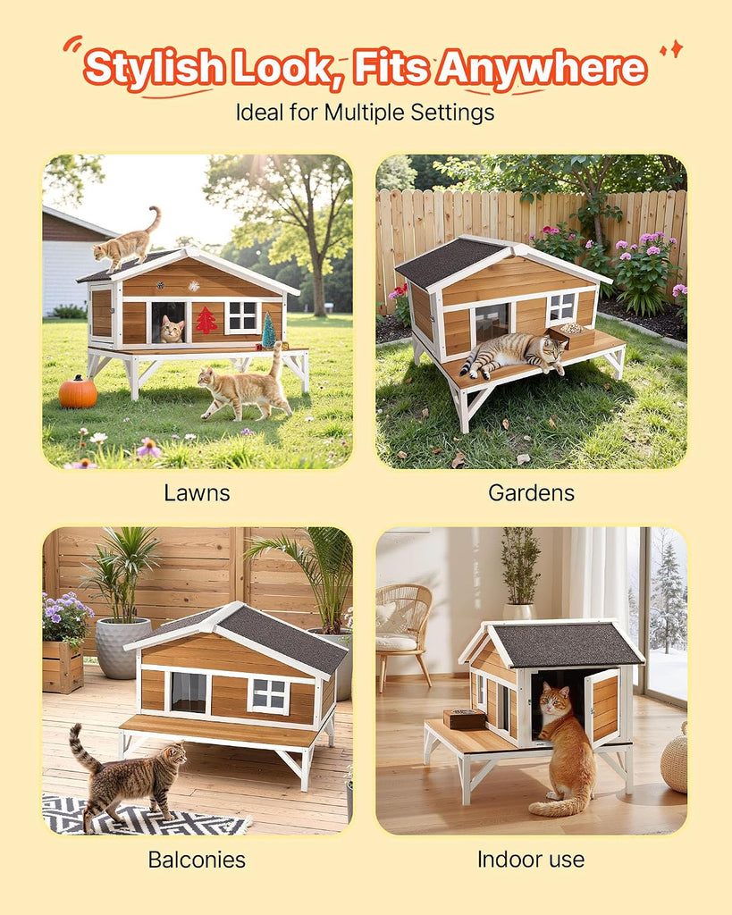 Insulated Cat House, All-Around Foam Insulation Elevated Cat Shelter, Wooden Feral Kitty Shelter with Large Platform