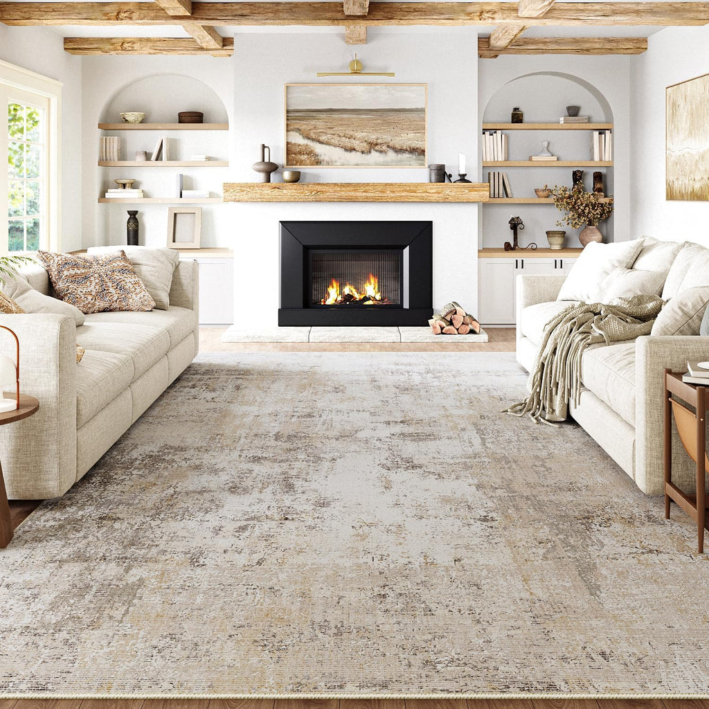8x10 Washable Area Rug Beige Grey Abstract Living Room Bedroom Carpet Neutral Modern Non Slip Soft Low Pile Indoor