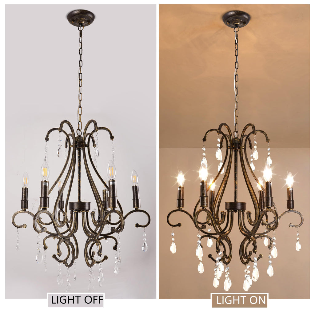 6-Light French Country Crystal Chandelier, Wrought Iron Antique Bronze, 24.8" Wide with Adjustable Chain for Foyer, Dining Room