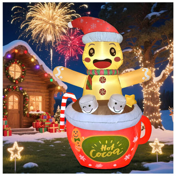 6.2 FT Christmas Gingerbread Inflatables Outdoor Decorations, Blow Up Gingerbread Man in Hot Cocoa Mug Candy Cane