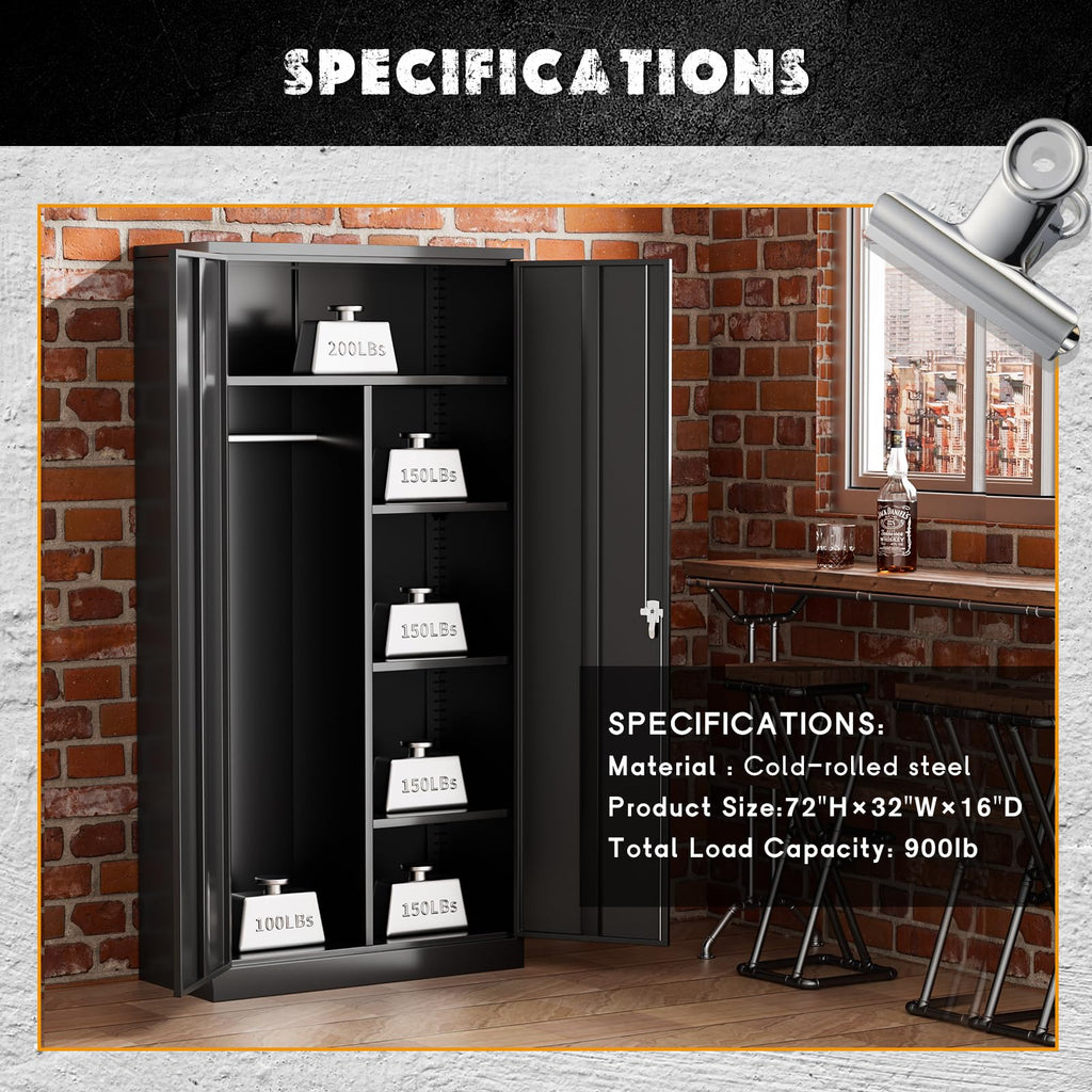 Metal Storage Wardrobe with 2 Doors, Black 72" Steel Storage Wardrobe Cabinet, Employees Locker Closet Clothing Coat