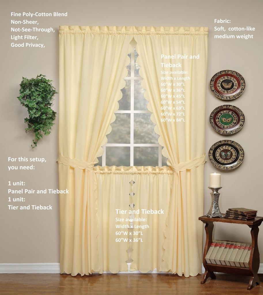Orleans Scallop Curtain, Buttercup 30" Tier Pair and Tieback, 60" W x 30" L, Buttercup