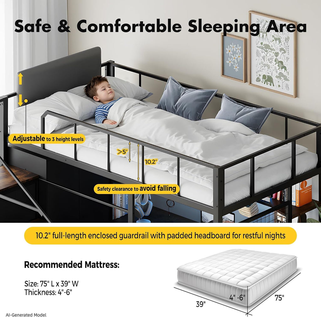 Twin Loft Bed with Desk, Stairs & LED Light, Metal Gaming Loft Bed Frame with Headboard, Safety Guardrail