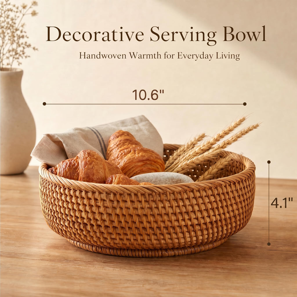 10.6" Large Round Rattan Bread Fruit Basket - Wicker Storage Basket Serving Bowl, Decorative Tabletop Food Basket