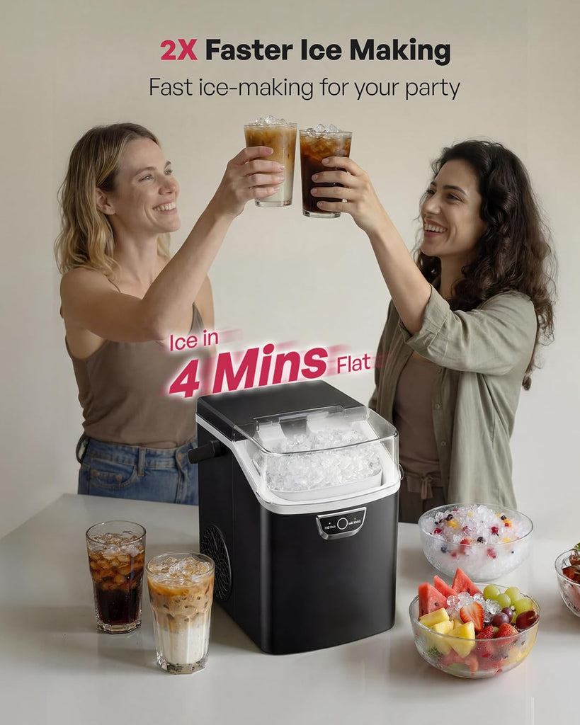 Nugget Ice Maker Countertop with Handle, Ready in 4 Mins, Max 40lbs/24H, Chewable Ice, Self-Cleaning, Portable Sonic