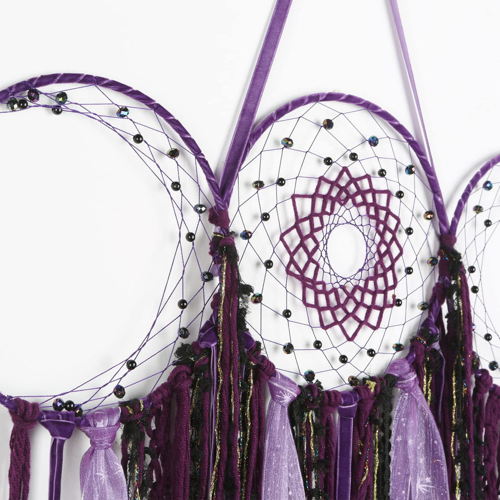 Purple Triple Moon Goddess Dream Catcher Macrame Wall Hanging, Pagan Decor