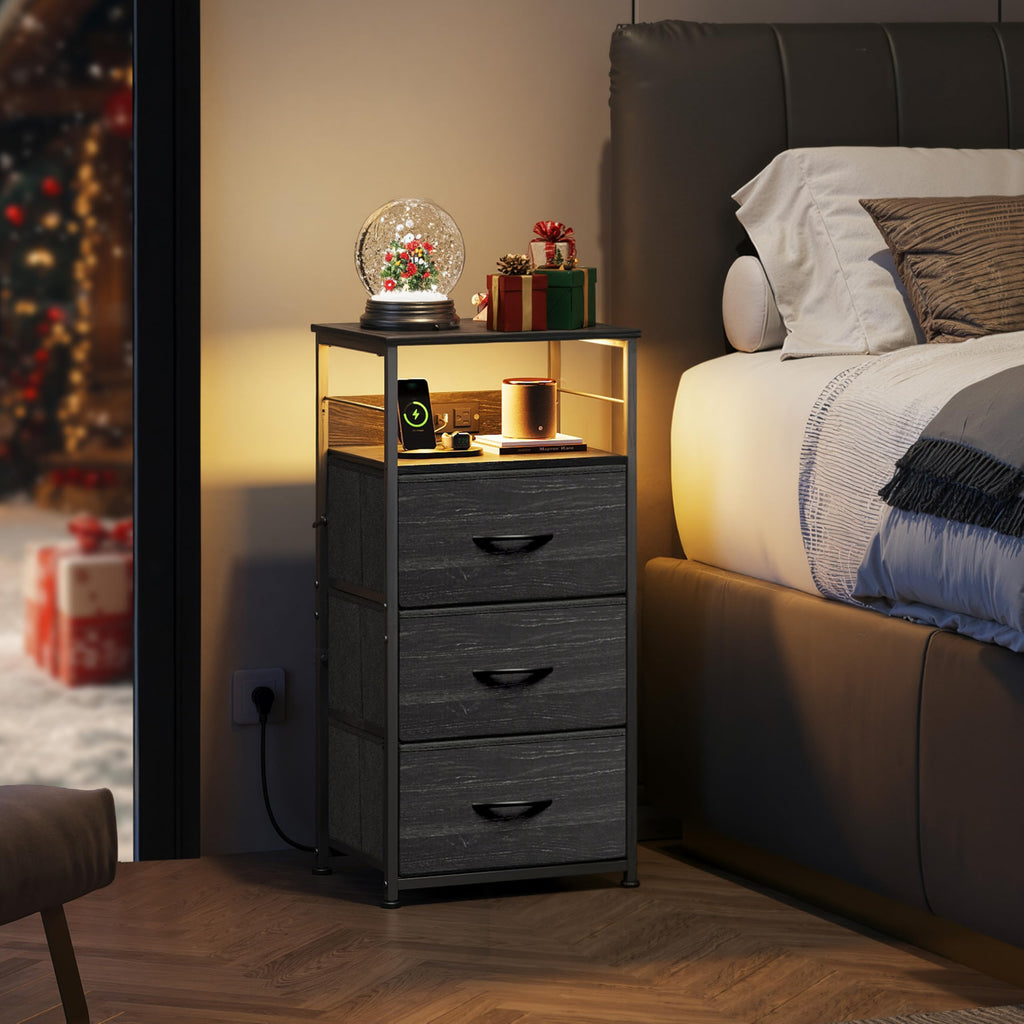 Night Stand with Charging Station, Charcoal Black Tall Bedside Table