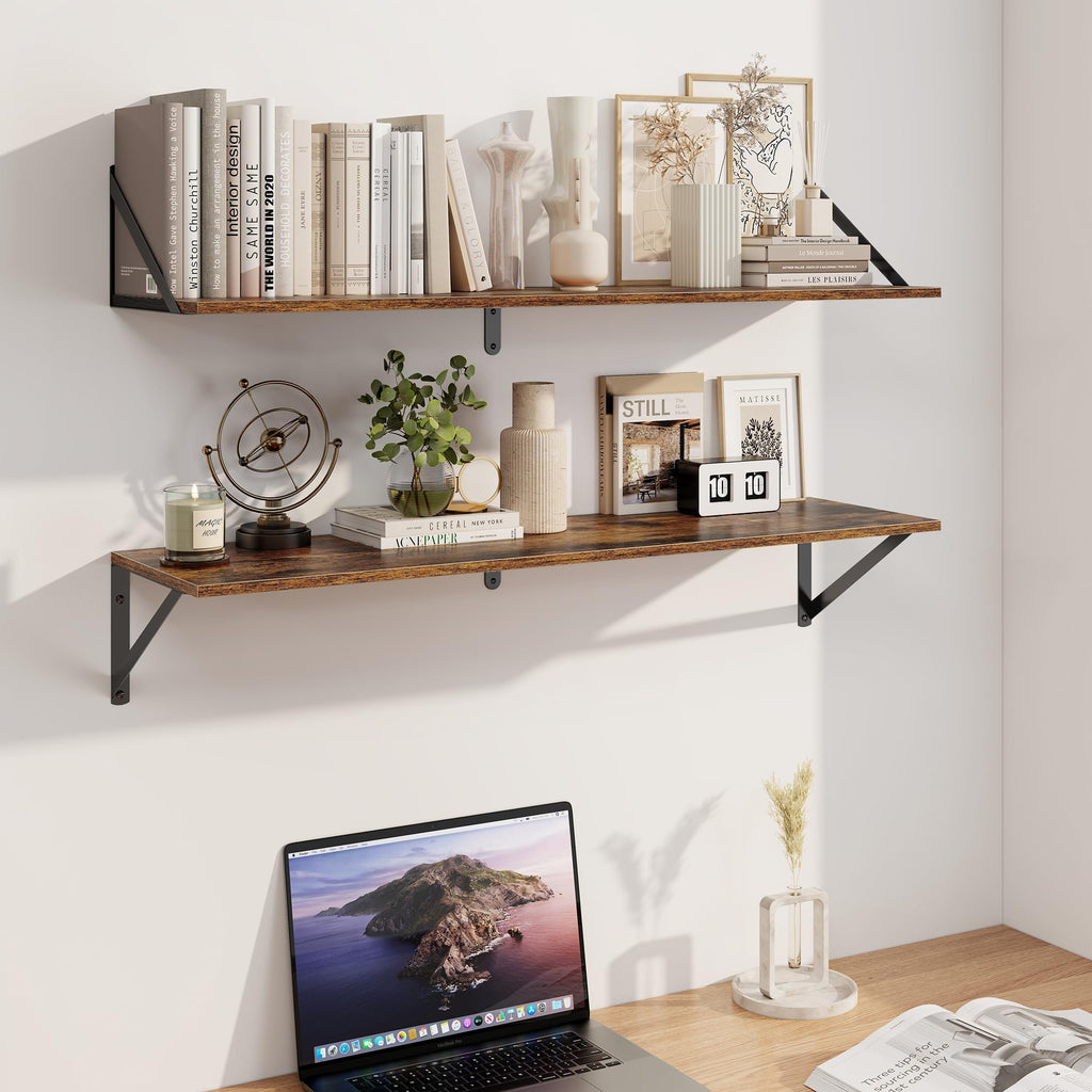 Deep Floating Shelves for Wall, 36W x 8D Wood Wall Shelves Set of 2, Wide Floating Bookshelf and Decor Storage, with