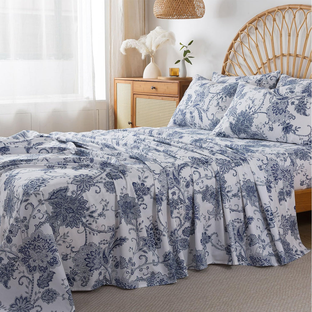 Cal King Sheets Set Percale Cotton Floral Bed Sheets Deep Pocket Fitted Sheet, Luxury Blue Floral Pattern Classic