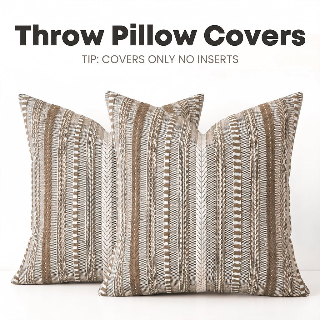 Light Brown Boho Decorative Throw Pillow Covers Set of 2, 20 x 20 Inch Woven Stripe Textured Rustic Cushion Case Home