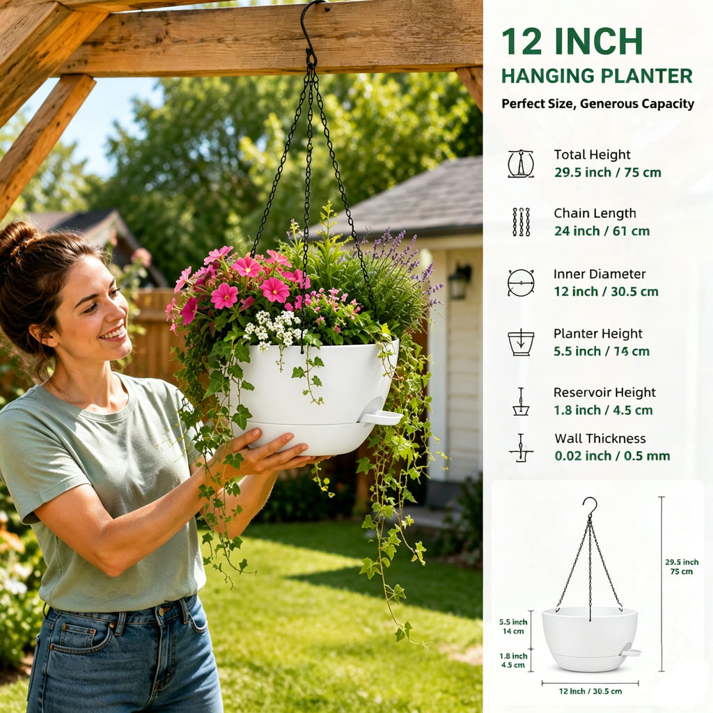 12" Self Watering Hanging Planters with Chains, White, 2 Pack