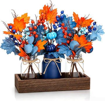 Navy Blue and Burnt Orange Fall Mason Jar Centerpiece - Set of 3