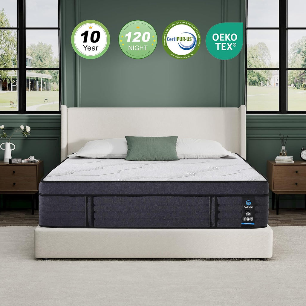 California King Mattress, 15 Inch Hybrid Charcoal Gel Memory Foam Mattress with Edge Support Pocket Coils, Cooler