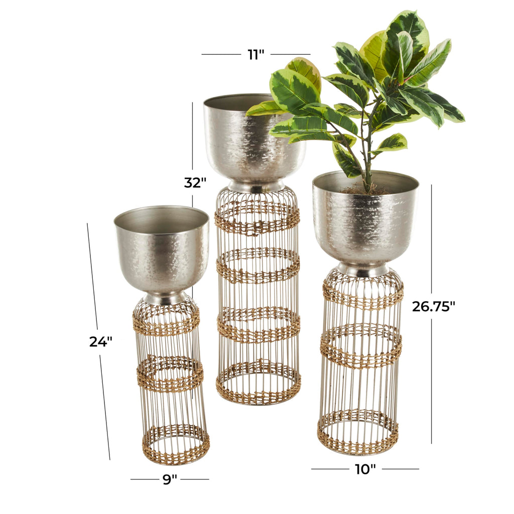 Metal Indoor Planter Textured Dome Large Planter Pot with Woven Seagrass and Caged Rod Pedestal Base, Set of 3