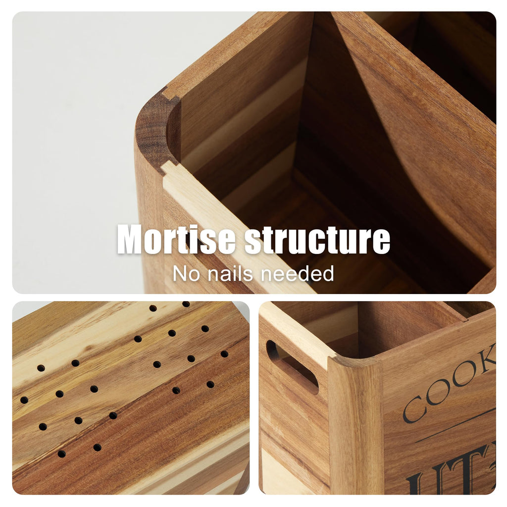 Utensil Holder Countertop - Extra Large 4 Compartment Wooden Organizer in Acacia Wood, Storage for Cooking Tools