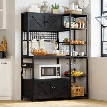 Bakers Rack with Cabinet and Power Outlet, Coffee Bar, Vintage Black
