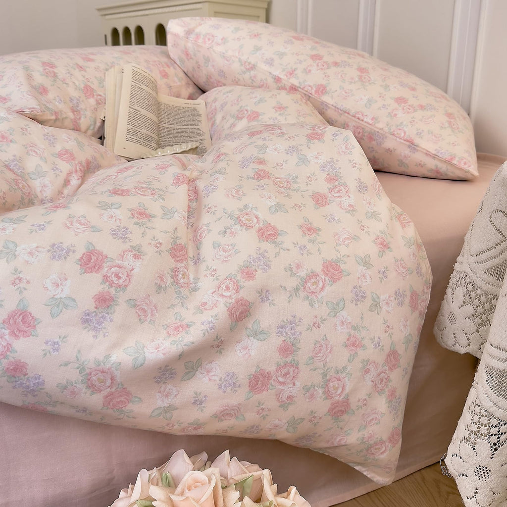 Vintage Floral Duvet Cover Set, Pink Flower Coquette Duvet Cover Muslin Cotton Gauze Bedding Set, Cottagecore