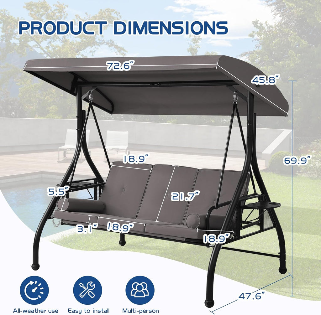 Porch Swings with Adjustable Canopy, 3 Seat Outdoor Swing Bed, Gray | Heavy Duty Porch Glider Bench with Stand