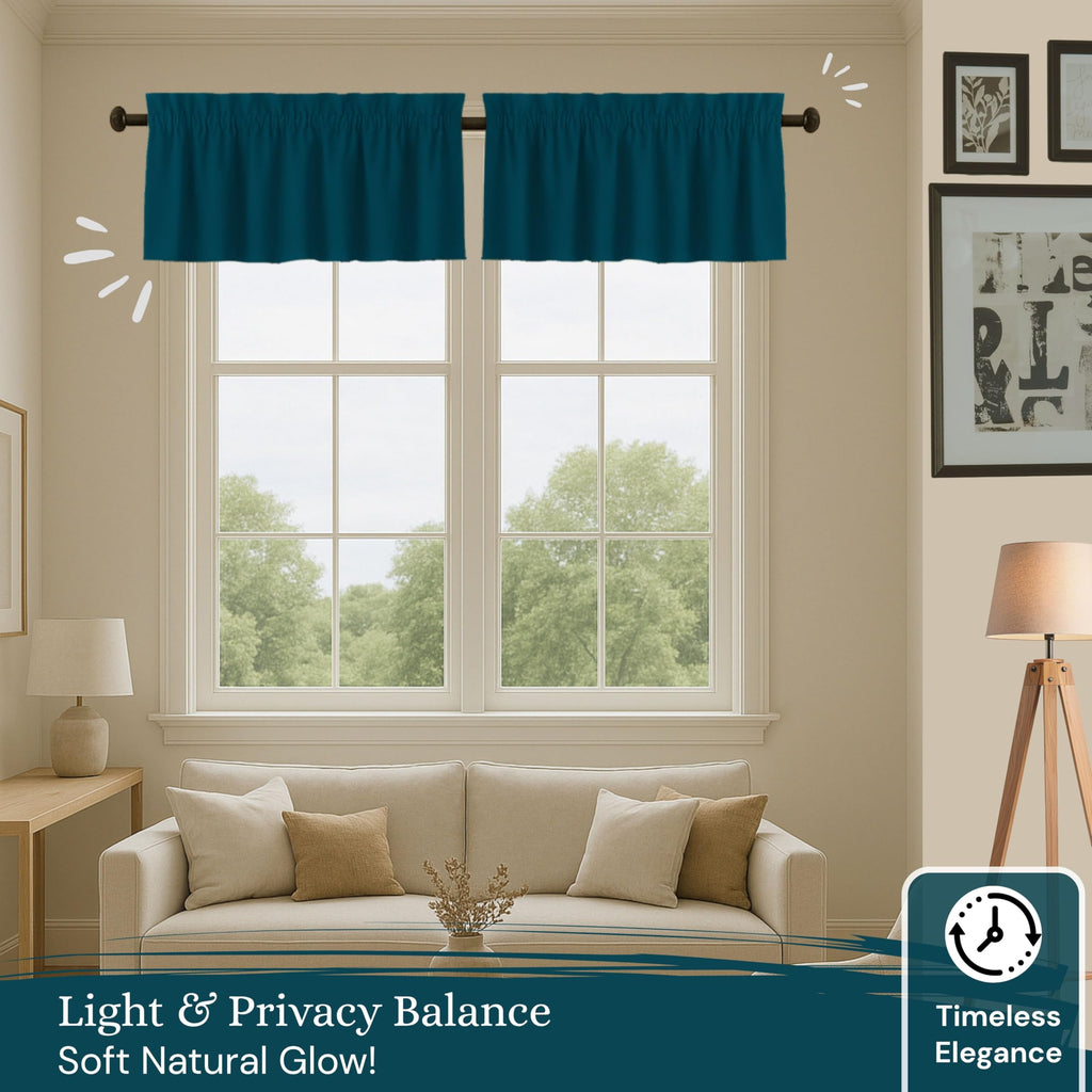 Teal Green Valance Curtains 2 Pack, 54x18 Inches, 100% Cotton, Rod Pocket Window Valances, Semi Sheer Short Curtain