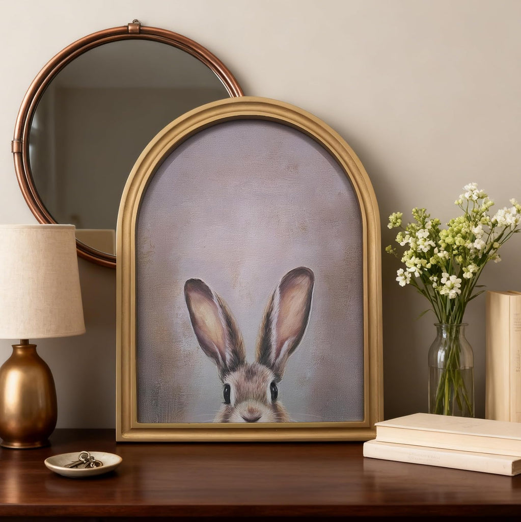 Gold Vintage Easter Bunny Framed Wall Art - Arched Wood Frame Rabbit Canvas Picture Aesthetic Wall Decor, Farmhouse