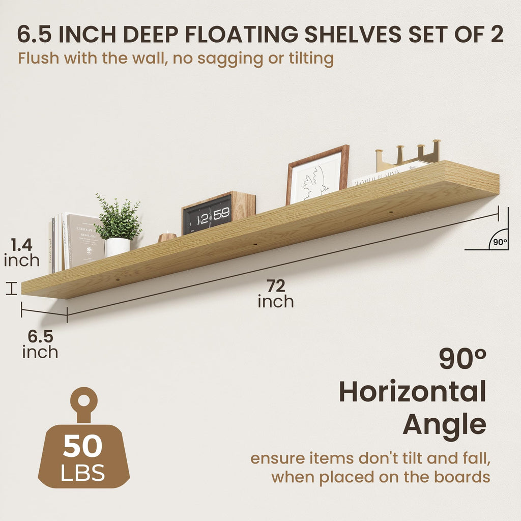 72 Inch Floating Shelves, 6.5 Inch Deep Oak Shelves Set of 2
