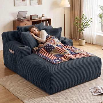 66.1" Oversized Boneless Chaise Lounge Chair Indoor, Corduroy Cloud Reading Chair for Sleeper Chair with 3 Throw