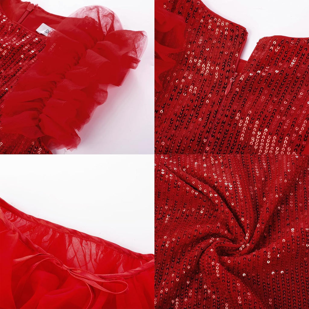 Girls Sequin Formal Pageant Fancy Party Ruffle Prom Maxi Dress