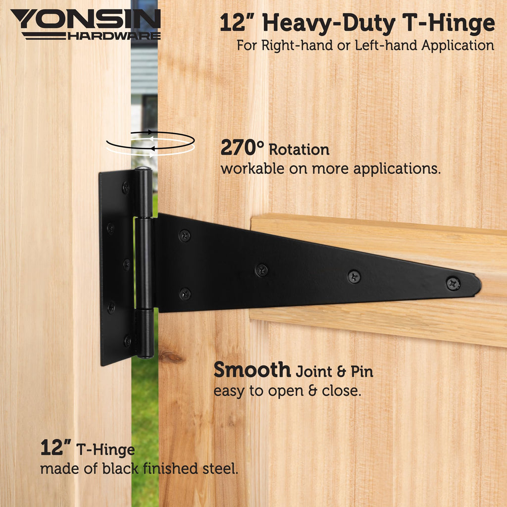 12" T-Strap Shed Door Hinges 6Pcs, Heavy Duty Black Tee Hings for Wooden Fence Gate, Outdoor T Hinges