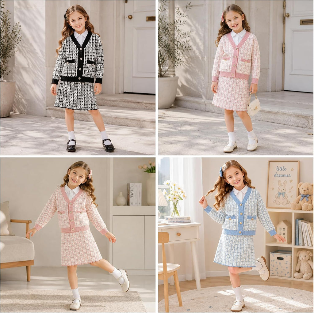 Cute Little Girls Ribbed Knit Cardigan Skirt Set School Style