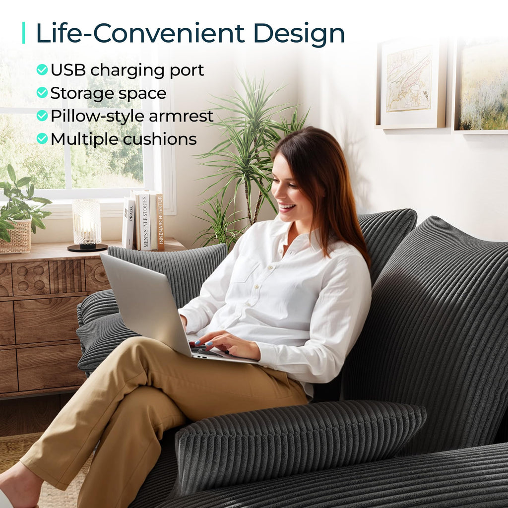 Sectional Couch with Pull Out Bed, Large Corduroy Modular Loveseat Sleeper Sofa, Wide Armrest, 62" 2 Seats Sectional