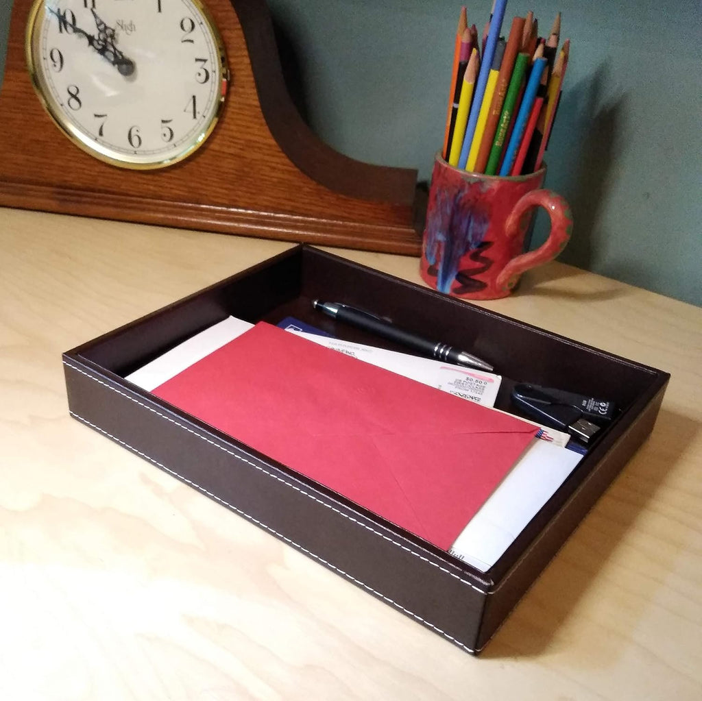 Valet Tray, Desk Tray, Key Bowl, Nightstand Organizer for Men, Black PU Leather, 10.3 x 8.3 x 1.6 inches