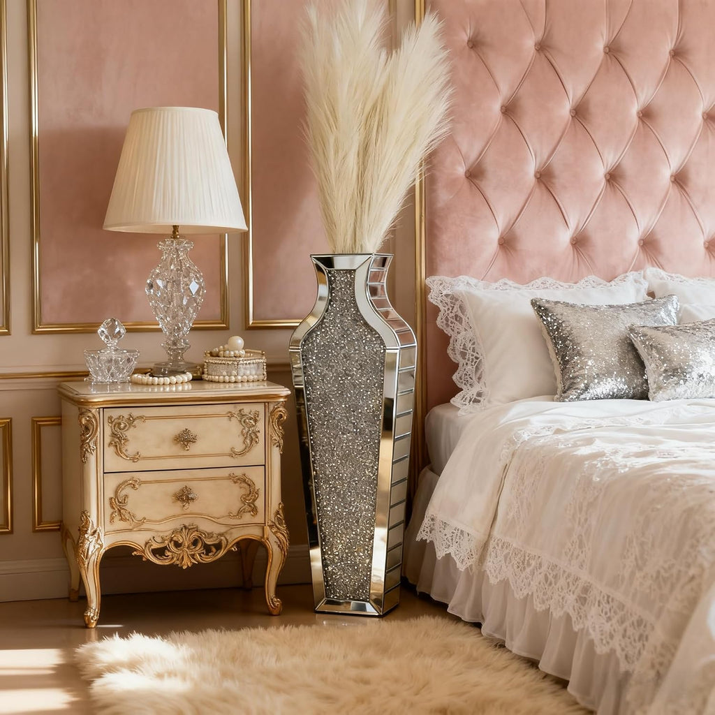 Crushed Diamond Floor Vase with Pampas Grass, Large Silver Mirror Tall Vases for Floor, Modern Luxury Glass Vases