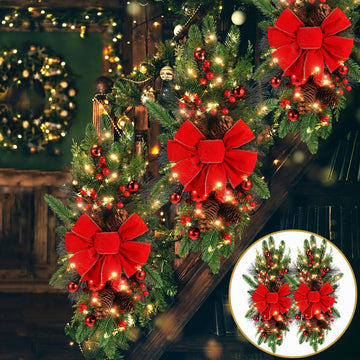 4 Pack Christmas Artificial Swags 24" Xmas The Cordless Prelit Stairway Swag Teardrop Trim Wreath Door Stair Garland