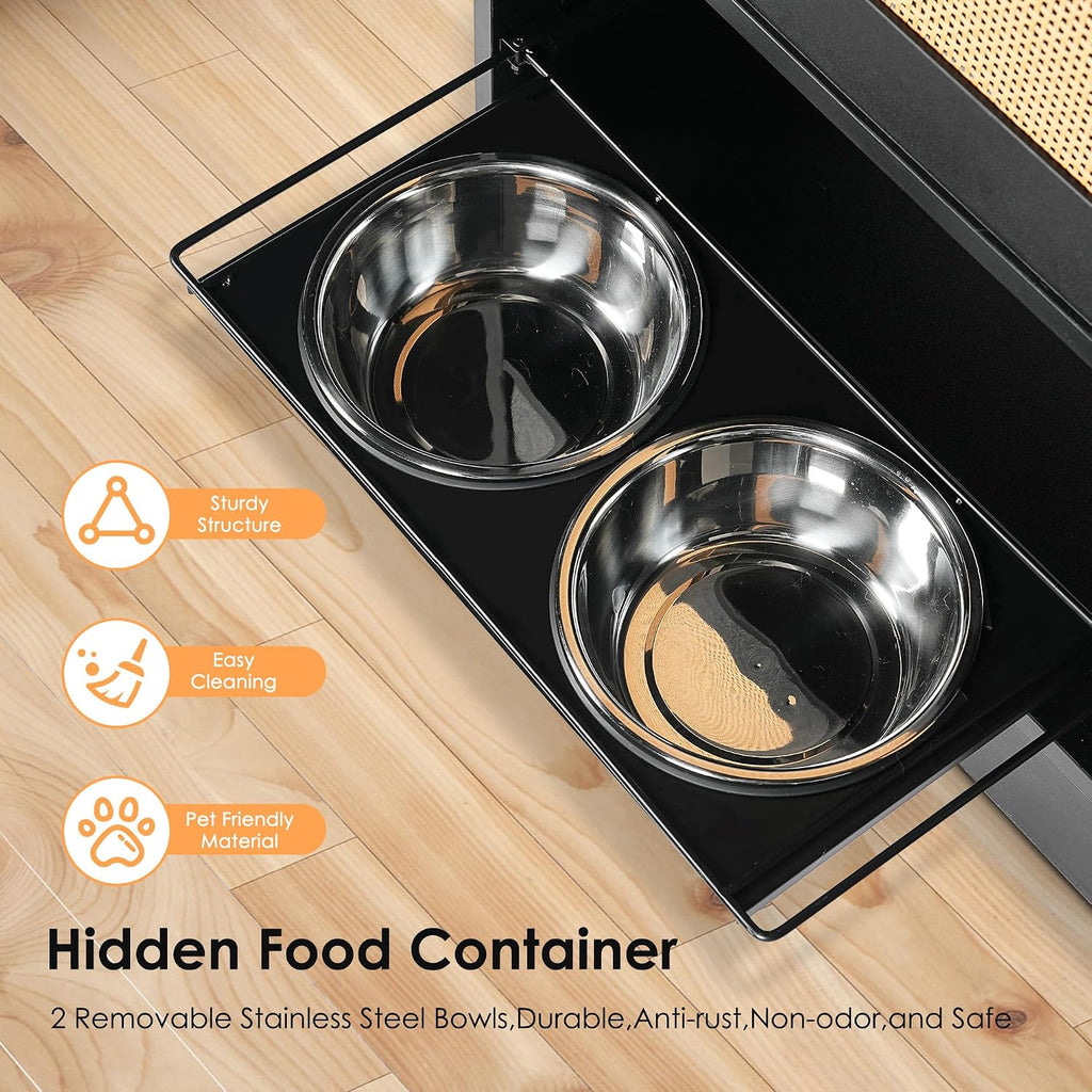 Dog Feeding Station with Storage, Hidden Pull-Out Feeder with 2 Stainless Steel Bowls, Adjustable Shelf & 3 Side