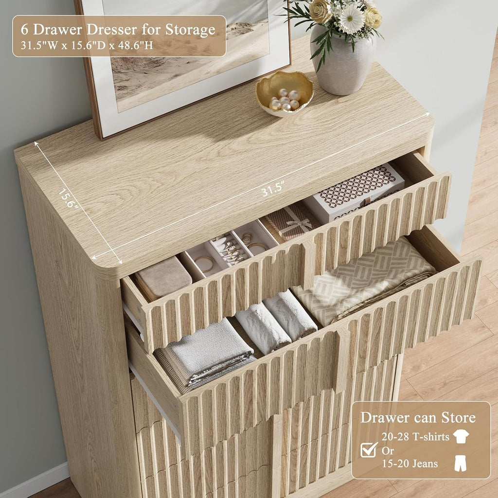 Fluted Dresser , 48" Tall 6 Drawer Dressers, Modern Chest of Drawers with Solid Wood Handle, Curved Profile Design