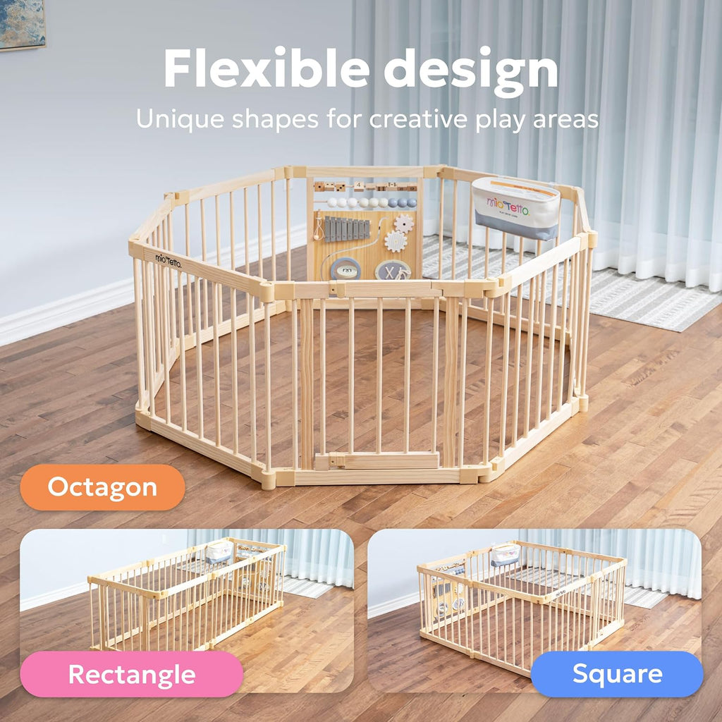 Baby Playpen, Wooden Playpen for Babies and Toddlers, Foldable Fence with Montessori Activity Panel, Storage Basket &