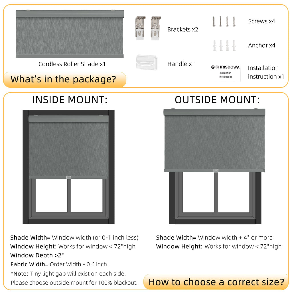Blackout Window Shades, Cordless Roller Blinds for Indoor Windows