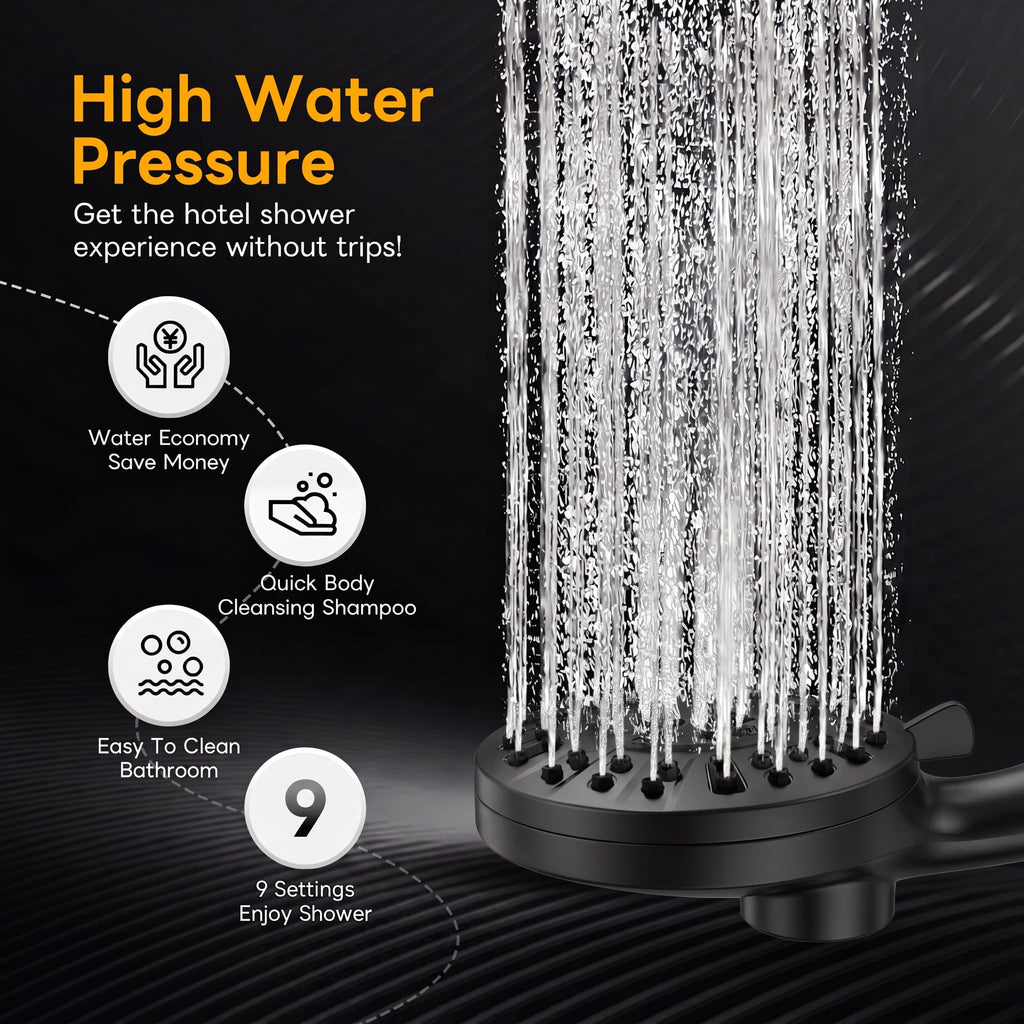 High Pressure Handheld Shower Head Matte Black- Anti-clog Nozzles, Built-in Power Wash to Clean Tub, Wall & Overhead