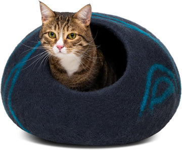 Cat Cave - Merino Wool Bed for Indoor Cats (Back Aqua, Medium)