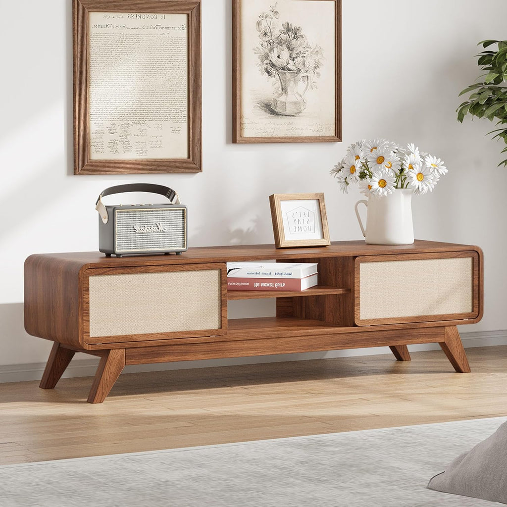 Mid Century Modern TV Stand for TVs up to 65'', Farmhouse Entertainment Center with Storage, TV Cabinet Table with